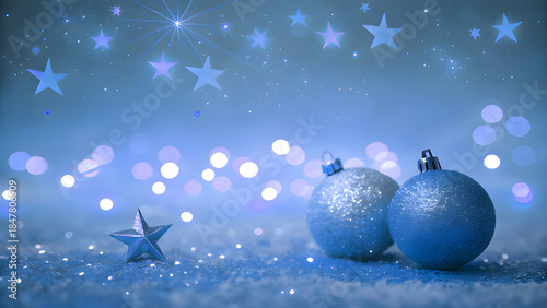 Festive blue Christmas background with bokeh lights, glittery ornaments, and stars in soft snow, perfect for holiday greetings and winter celebrations.