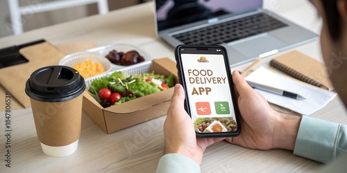 Ordering lunch online using a food delivery app on a mobile phone