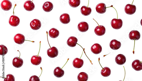A vibrant, overhead shot showcasing several bright, red cherries scattered across a stark black background. Stems varying in length