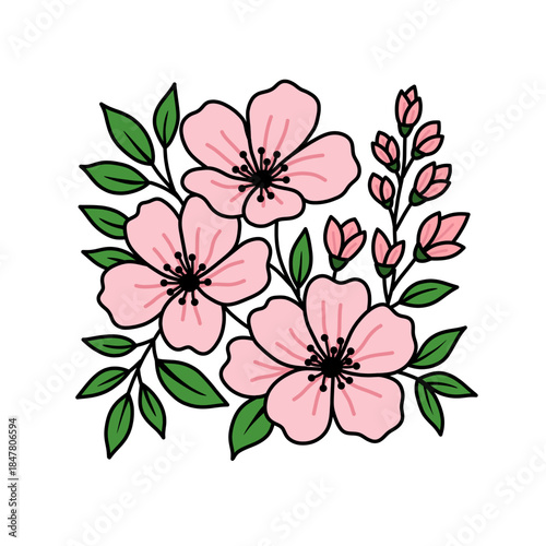 Hand drawn Style Detailed Cherry Blossom Flower Arrangement Isolated Illustration
