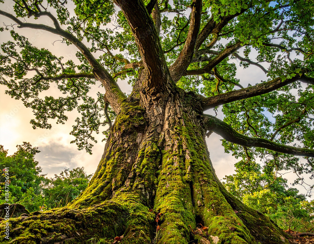 Obraz premium Massive ancient oak tree with thick mossy trunk and spreading branches against sky bark
