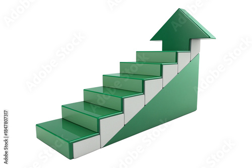 
3D rendering of a staircase with an arrow, green and white colors, representing business growth, success, and progress