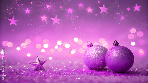 Magical purple Christmas scene with glowing bokeh, shimmering stars, and frosted ornaments in sparkling snow, ideal for holiday invitations and festive designs.