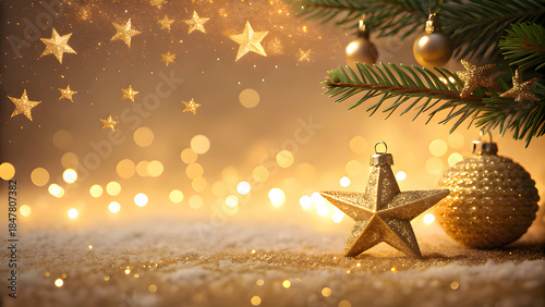 Golden Christmas elegance with shimmering stars, warm bokeh lights, and festive ornaments on a snowy surface, perfect for luxurious holiday marketing and New Year designs.