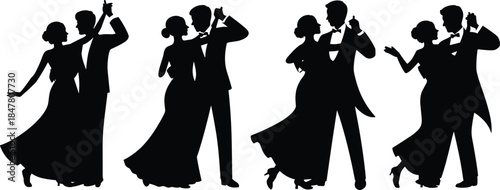 Ballroom dance silhouette, elegant couple pose, formal attire movement, dance partner vector, graceful choreography icon, cad drawing flat vector illustration