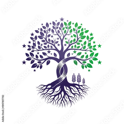 Abstract Tree Symbol With Purple and Green Leaves Green Stars Metal Brace Wheat Stalks.jpg