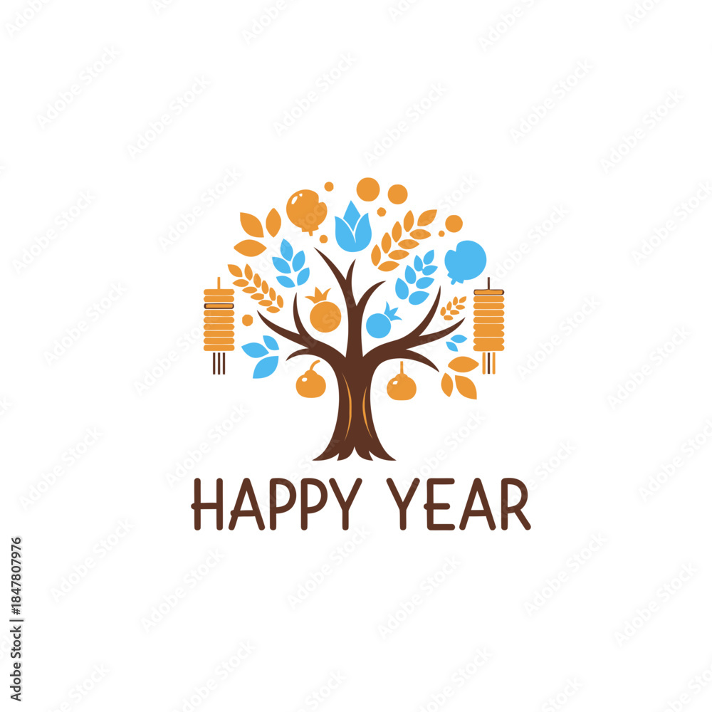 Obraz premium Festive Tree With Happy Year Celebration Symbols of Coins Dumplings Fruits Prosperity Luck Traditional Holiday Stock Pho.jpg