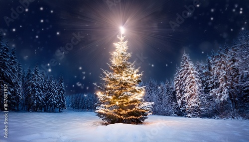  Christmas tree in a snowy forest on night