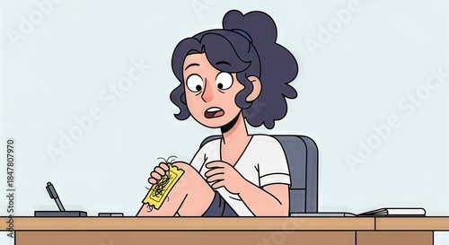 Cartoon woman painfully waxing her leg hair with a strip, expressing discomfort and shock during personal depilation process.