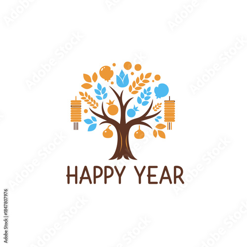 Festive Tree With Happy Year Celebration Symbols of Coins Dumplings Fruits Prosperity Luck Traditional Holiday Stock Pho.jpg