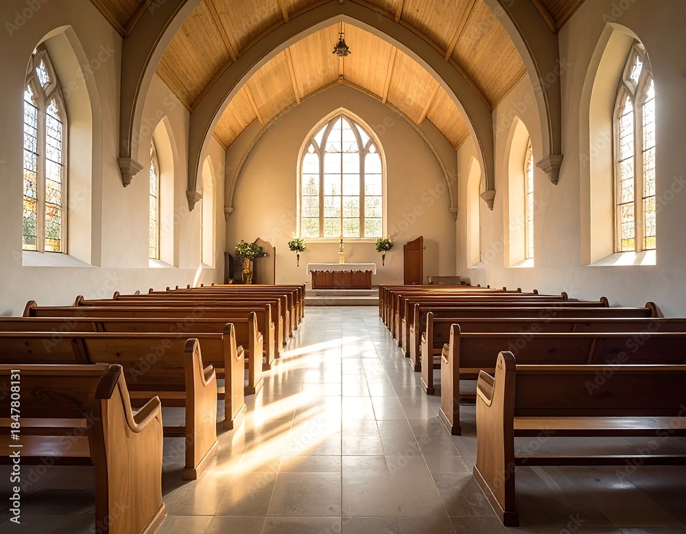 Fototapeta premium Interior perspective of a building with arched ceiling, light streaming through windows onto wooden pews. Features altar & stained glass