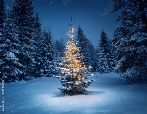  Christmas tree in a snowy forest on night