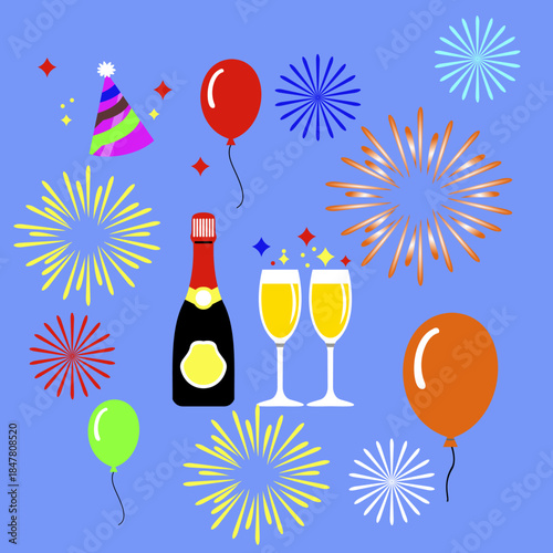 Vector graphic of a Happy New Year set featuring a drink bottle and glass combined with fireworks. This vector is perfect for New Year's Day celebration templates, Christmas, banners, decoration etc.