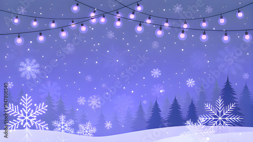 Whimsical winter forest illustration with glowing string lights, delicate snowflakes, and silhouetted pine trees under a soft purple sky, perfect for holiday cards and festive banners.
