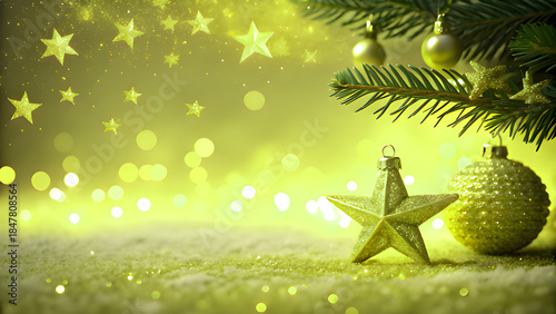 Vibrant yellow Christmas theme with glowing stars, soft bokeh, and bright ornaments nestled in snow, creating a cheerful and sunny holiday atmosphere for invitations and decor.