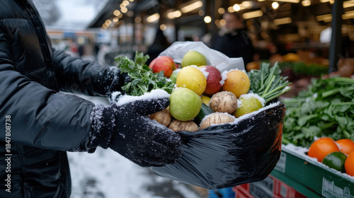 A person holding a basket filled with colorful apples and vegetables, topped with a light dusting of snow, depicting the beauty of winter harvest at a market.