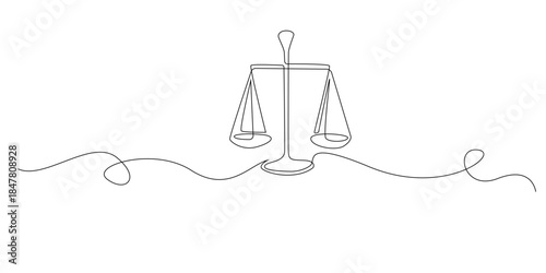 Continuous line drawing of a justice scale symbolizing law balance and fairness in legal judgment. Single line illustration suitable for court justice and legal system themes.
