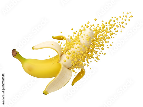 Peeled Yellow Banana Disintegrating into Particles on White. Healthy Fruit Transformation. on white background