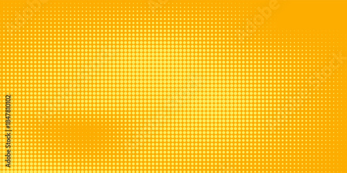 Yellow halftone pattern. Retro comic gradient background. Bright orange pixelated dotted texture overlay. Cartoon pop art faded gradient pattern. Vector backdrop for poster, banner, advertisement