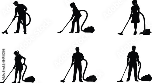 Domestic cleaning silhouette set, vacuuming people, household chore illustration, flat vector, black figures, canister vacuum, home maintenance, hygiene