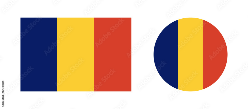 Fototapeta premium Chad round, rectangular country flag icon. Republic of Chad flag badge, button, banner, backdrop in circle, rectangle shapes. Circular Chad National flag.