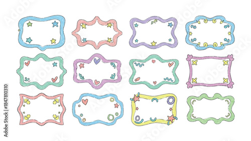 Colorful Frames: A delightful assortment of whimsical, hand-drawn frames in a spectrum of pastel hues. Each frame, adorned with charming elements, invites creativity and personalization.