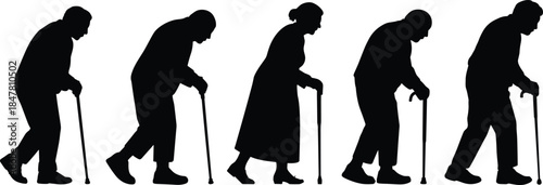 Elderly person silhouette set, cane walking icons, senior mobility poses, black vector, flat CAD drawing, aging illustration design