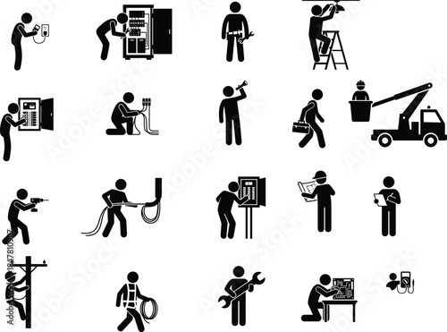Electrical technician activity silhouette vector set, electrician task icons, safety gear poses, flat cad drawing, editable outline, isolated graphic
