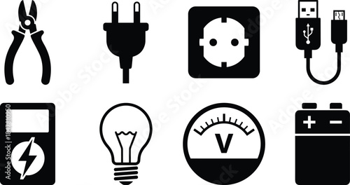 Electrical component and tool silhouette vector set, technician gear icons, flat cad drawing, editable outline, isolated graphic collection