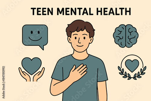 Teenager Poses with Icons for Mental Health Awareness and Support