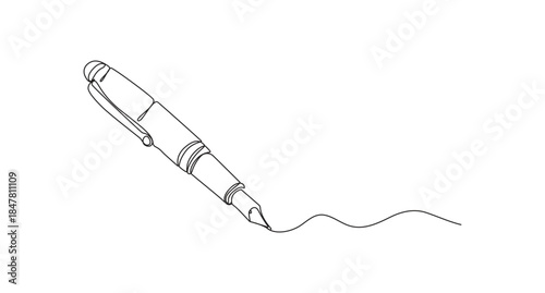 Pen Signature Continuous Line Icon,Continuous one line of fountain pen in silhouette on a white background,Continuous Line Drawing of a Fountain Pen Writing