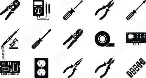 Electronics tools silhouettes set featuring soldering equipment, screwdrivers, pliers and circuit components, electrical repair icons isolated on white background