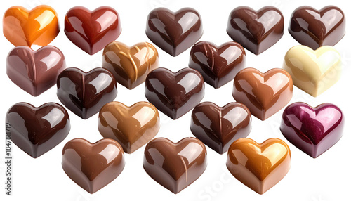 A close-up arrangement showcases heart-shaped confectionary treats in diverse shades, from amber to deep brown, with glossy surfaces