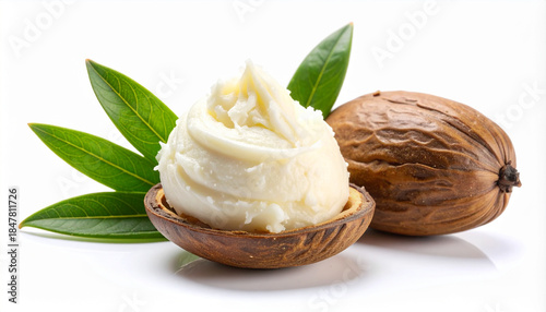 Swirl of Shea Butter in Half Shell with Leaves and Nut shea nut food