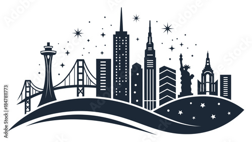 Iconic city skyline with famous landmarks at night