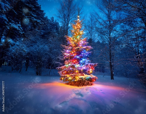 Christmas tree with christmas colorful lights in a snowy forest on night