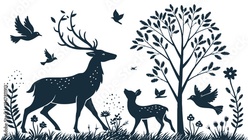 Deer and fawn in forest with birds and flowers nature scene