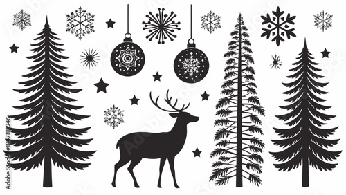 Festive Christmas scene with reindeer and trees in silhouette