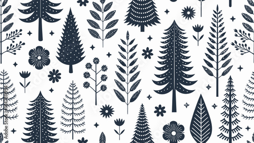 Whimsical forest pattern with trees and flowers in black