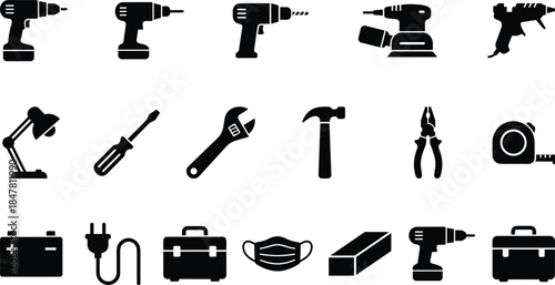 Hand tools and power tools silhouettes set featuring drills, screwdrivers and workshop equipment, construction repair icon collection isolated on white background