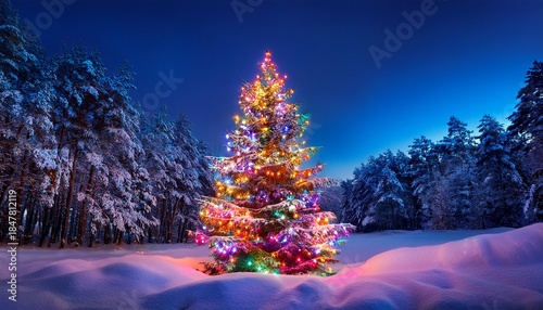 Christmas tree with christmas colorful lights in a snowy forest on night