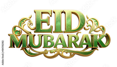 Eid Mubarak Green And Gold 3D Text Isolated On Transparent Background For Islamic Holiday Greetings And Festive Celebrations Religious