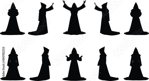 Hooded figure silhouette set, robed characters, ritual pose, mysterious cult, fantasy illustration, black vector, ceremony, mystic, secret, cloaked