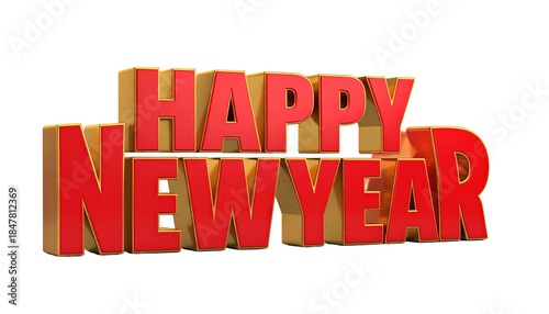 Happy New Year 3D Text Render In Red And Gold On Transparent Background For Holiday Greetings And Festive Celebrations Designs
