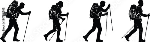 Hiking silhouette vector set, trekking pole poses, outdoor adventure icons, flat cad drawing, editable outline, isolated graphic collection
