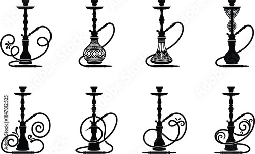 Hookah silhouettes, shisha water pipe designs, ornate hose styles, smoking culture theme, flat vector illustration, cad drawing, stock asset, lifestyle icon