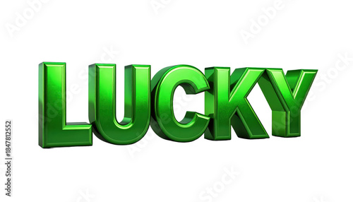 Green Metallic Lucky Text Isolated On Transparent Background 3D Rendered Font For St Patrick's Day And Casino Promotions Gambling Concepts