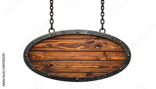 A rustic, oval wooden sign, hanging by chains against a black backdrop, with a metal-studded border. It is blank and ready for text