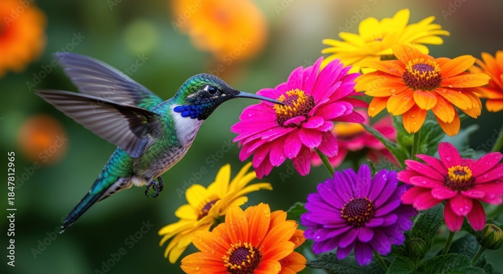 Naklejka premium Hummingbird delighting in vibrant zinnias a dance of nature's harmony and beauty