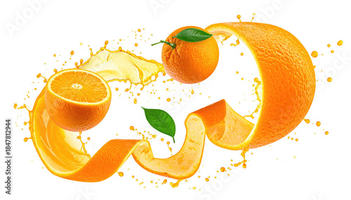 A vibrant image of floating orange fruits, slices, a peel, and liquid against a black backdrop, showcasing refreshment
